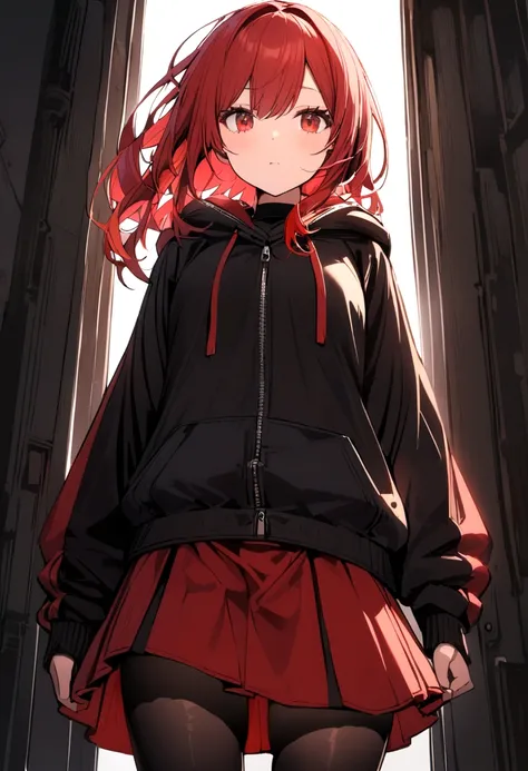 A girl with a red skirt with a second under skirt in black red stockings with the top black red zip up hoody with a black undershirt red hair and eyes 