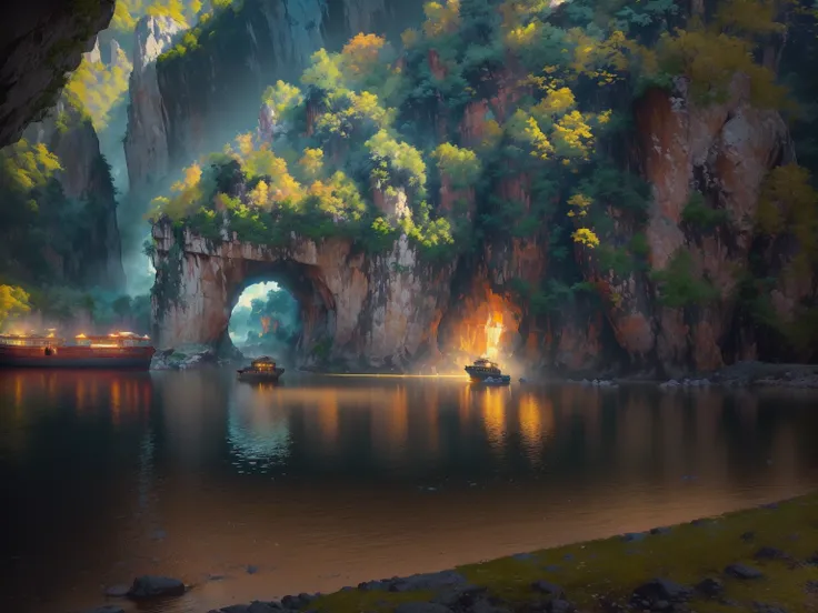 beautiful scenic landscape of guilin mountains and rivers, karst rock formations, limestone cliffs, boat floating on still water, cave entrance leading into dark cavern, dramatic stone arches, lush vegetation, wide angle shot, highly detailed, photorealist...