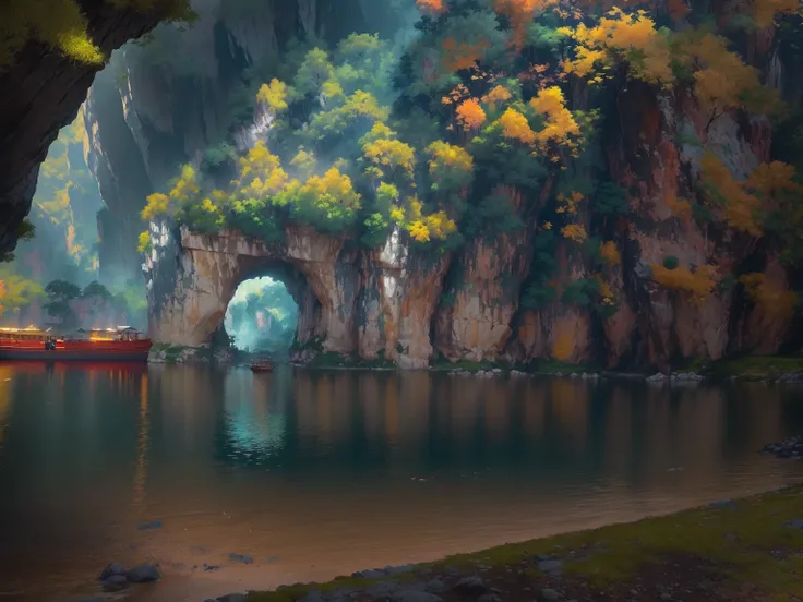 beautiful scenic landscape of guilin mountains and rivers, karst rock formations, limestone cliffs, boat floating on still water, cave entrance leading into dark cavern, dramatic stone arches, lush vegetation, wide angle shot, highly detailed, photorealist...