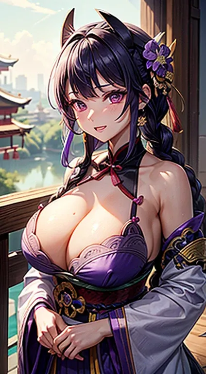 (obra mateethtra), high quality, 最high quality, Shogun Raiden, Genshin Impact, Purple Hair, Purple Eyes, Mole under the eye, wide, Braided Ponytail, Hair Flowers, hair ornaments, Purple Flower, Simple braids, cerraduras lateralteeth, 1 chica WITH Huge TITS...