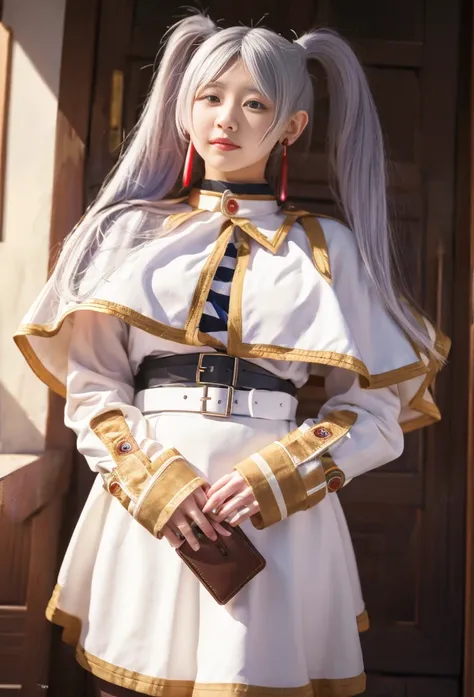 aafrie, long hair, white hair, twintails, pointy ears, earrings, thick eyebrows, white capelet, striped shirt, long sleeves, belt, white skirt, black pantyhose,big breast