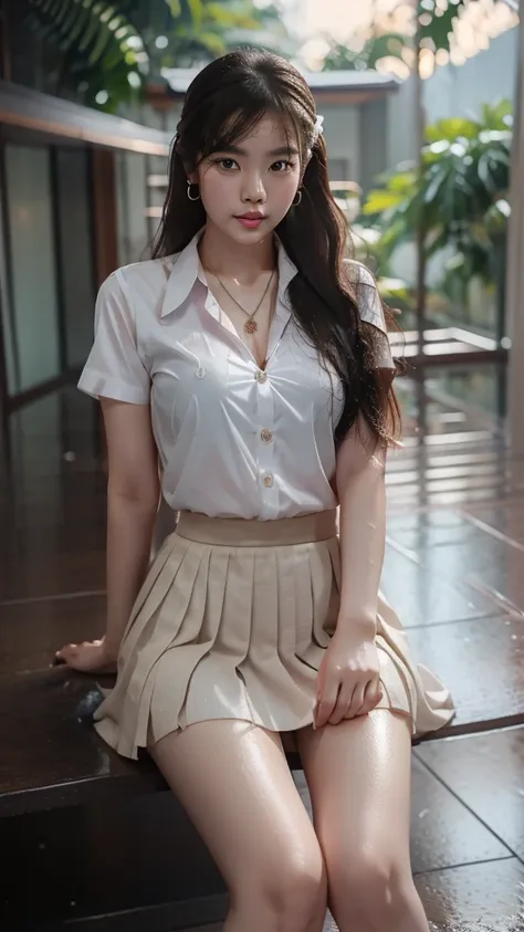 1 a thai cute girl ,white wet shirt, uniform university of thailand,mini black short skirt,mini earrings,mini necklace,she weari...