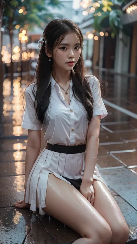 1 a thai cute girl ,white wet shirt, uniform university of thailand,mini black short skirt,mini earrings,mini necklace,she weari...