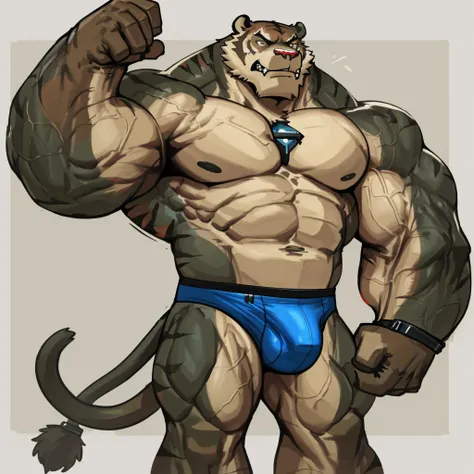 Thick huge muscular Grizzly bear as the thing from the fantastic four marvel comics with blue competitive briefs, furry anthropomorphic art style