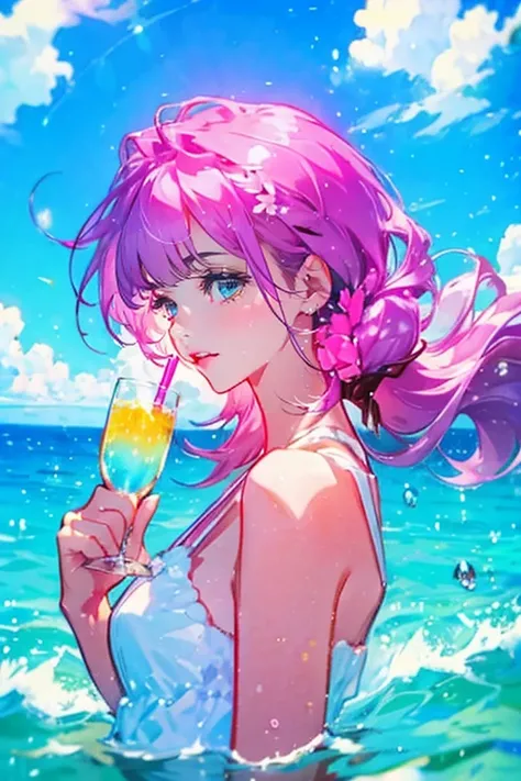 1girl,solo,cute,hold a glass,Fizzy Soda,lots of bubbles,pink and yellow and blue,bright background,water splashes,upper body,in the beach,brilliant sea