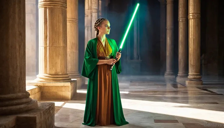 A Jedi acolyte standing in an ancient temple, com a luz do sol entrando pelas vitrais e iluminando seu rosto. She holds a green lightsaber in one hand and an ancient book in the other.. She is dressed in a simple brown robe and has her hair braided.. (Esti...