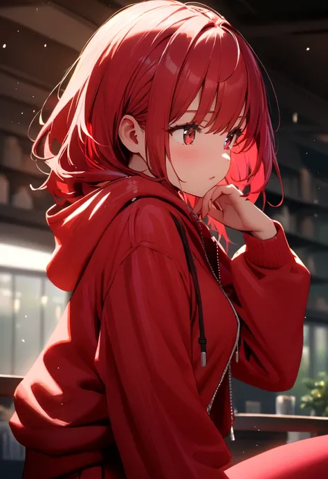 A girl with a red skirt red stockings red zip up hoody red hair and eyes 