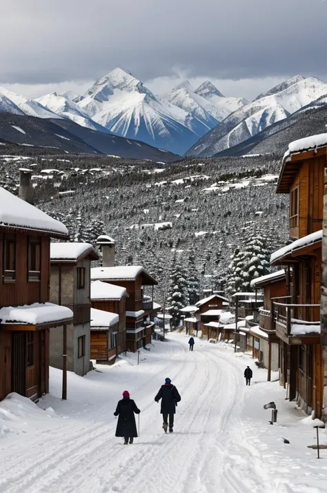 Un grupo de personas abrigadas con gorros, gloves and scarves walks towards a small snow-covered town. Al fondo, You see high snow-capped mountains and a gray sky indicating the cold weather. Los miembros del grupo llevan cajas y mantas, mostrando su compr...