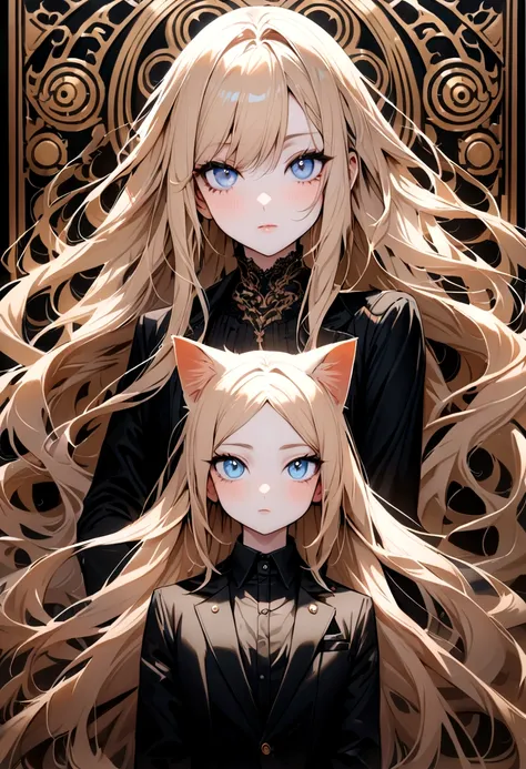 (Highest quality)(detailed)(1 teenage girl,single,long hair,pinkish gold hair,blue eyes ,Black suit shirt,Turn to look at the viewer,with guardian cat)