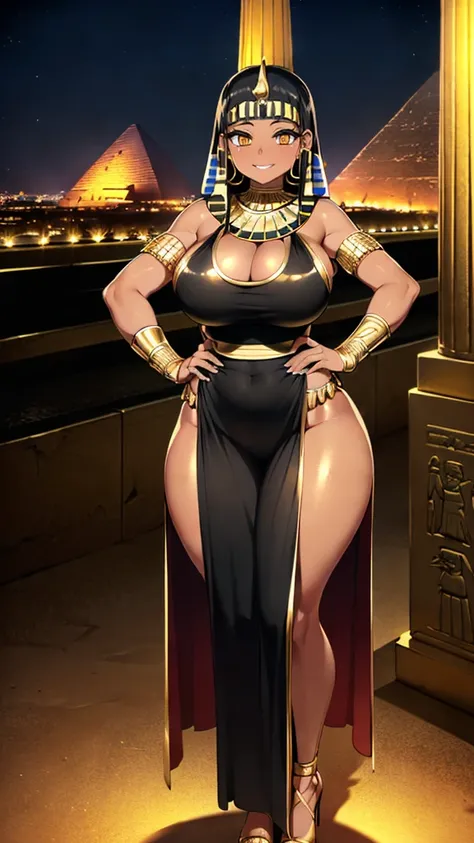 4K Quality, (sexy black woman), (big smile), ((standing up, hand on hip)), ((black and gold egyptian dress)), ((black and gold egyptian hair)), ((gold eyes)), ((dark skinned)), thick thighs, big breasted, big ass, (looking at viewer), (((in the black and g...