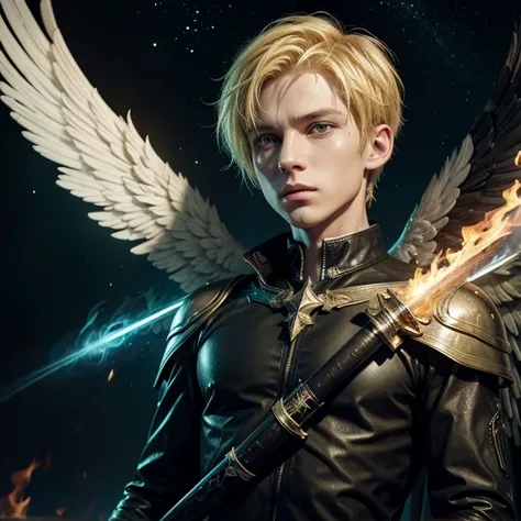 Angel, short yellow hair, green eyes, black wings, black clothes, holding a fire sword, stars around him