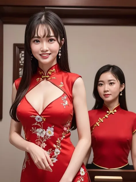 highest quality, masterpiece, Ultra-high resolution, realistic:1.3, solo:1.3, ((Clear Face)), cowboy shot, from front, leaning forward, (glowing skin), (looking at camera:1.3), (red Cheongsam), standing in room, leaning forward, (medium busts:1.3), long ha...