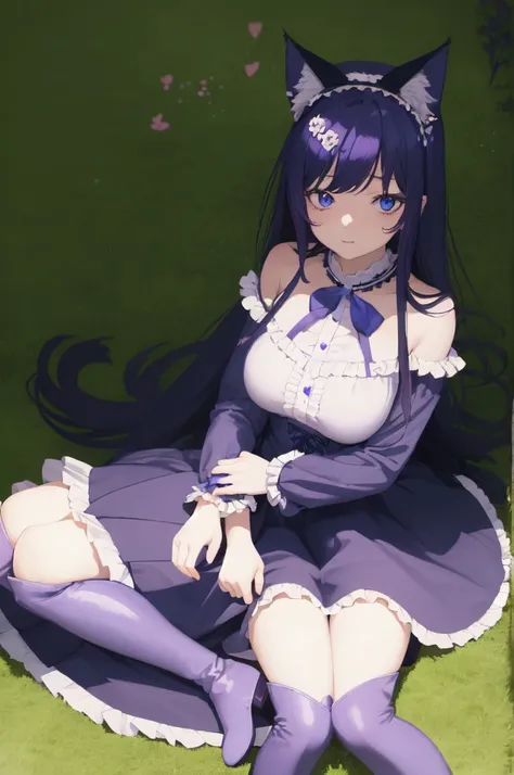 masterpiece, 1 Girl,Blue long hair,Cat ear,Shy expression,Heart-type pupils，
bluedress, X Hair Accessories, Flowering, Headband, White thigh boots,Purple ruffles, Wrinkles_blue_Skirt sitting on the grass, Keep your arms at your sides