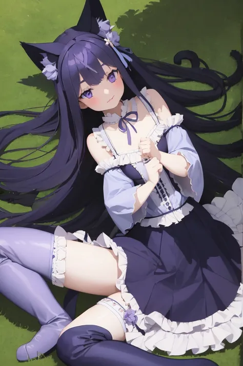 masterpiece, 1 Girl,Blue long hair,Cat ear,Shy expression,Heart-type pupils，
bluedress, X Hair Accessories, Flowering, Headband, White thigh boots,Purple ruffles, Wrinkles_blue_Skirt sitting on the grass, Keep your arms at your sides