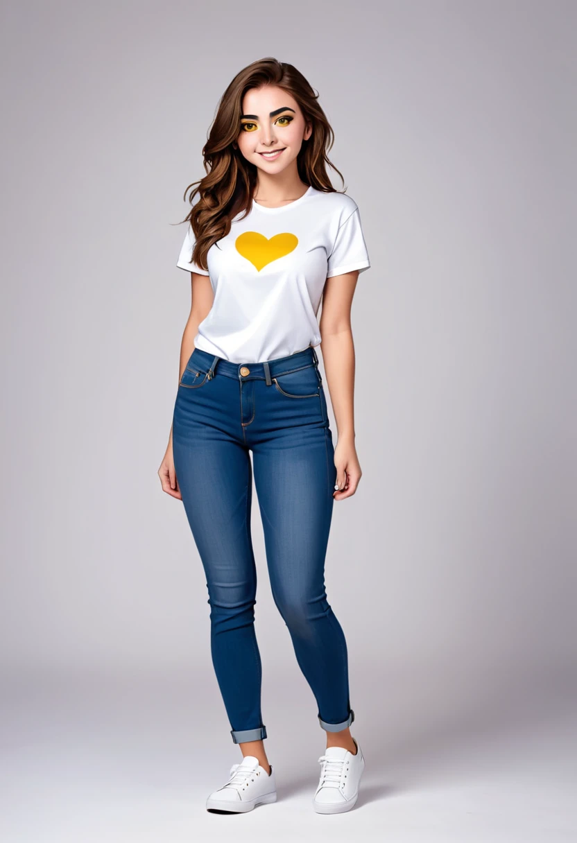 A stunning 24-year-old woman with an attractive and proportionate body, long brown hair and piercing yellow eyes, is standing facing the camera, looking at the camera, casual, attractive and proportionate body, wearing a white t-shirt and jeans, wearing wh...