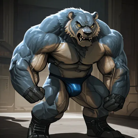 A huge muscular grizzly bear, the thing from fantastic four marvel comics, blue competitive briefs, furious growling expression, powerful stance, anthropomorphic, hyperrealistic, cinematic lighting, vibrant colors, detailed fur texture, photorealistic, dra...