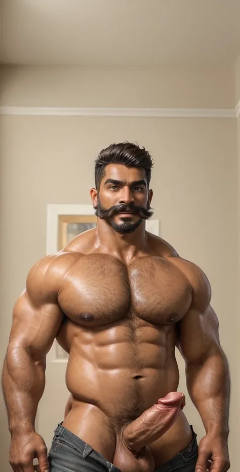 Cinematic soft lighting illuminates a stunningly detailed and ultra-realistic hyper muscular handsome aged 23 Indian daddy bodybuilder with big arms,exuding huge sexual aura, very dark skinned, ((rugged face, face features of a average young man, face with...