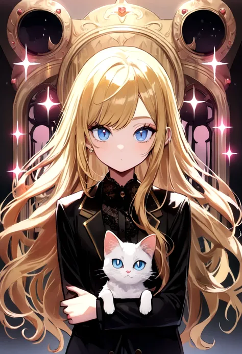 (Highest quality)(detailed)(1 teenage girl,single,long hair,golden hair,pink sparkle,blue eyes ,Black suit shirt,lace,Turn to look at the viewer,with guardian cat)