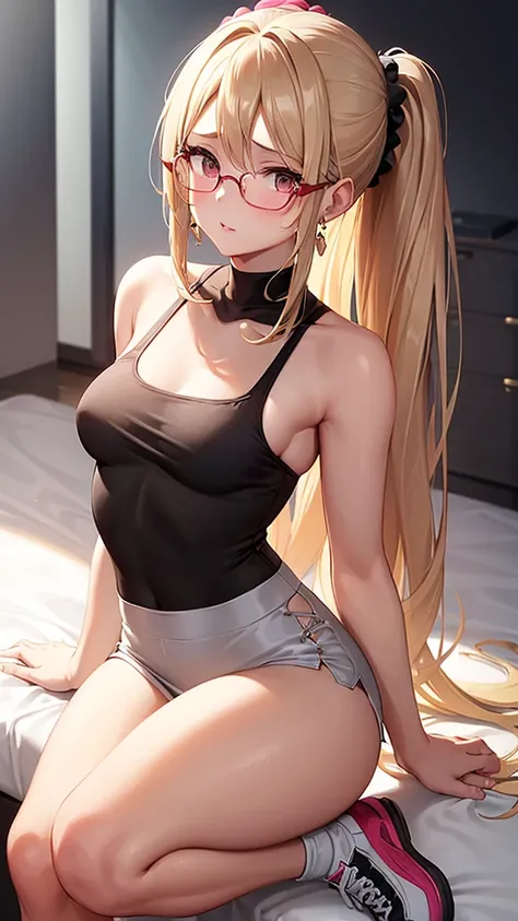 A beautiful and glamorous woman with long blonde hair tied into a ponytail with a scrunchie, wearing red Boston-type glasses, brown eyes, small silver earrings, light brown blush on her cheeks, thin lips, an off-shoulder pink shirt, and a camel-colored min...