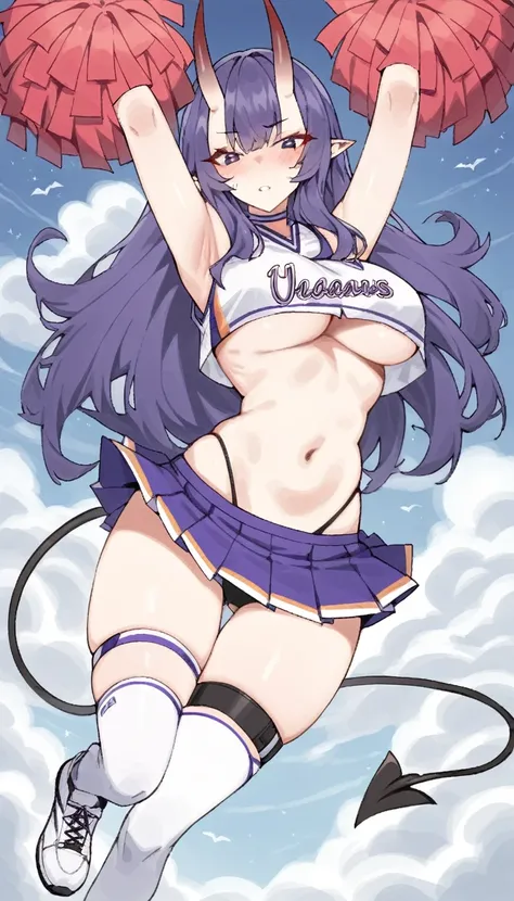 score_9, score_8_superior, score_7_superior, score_6_superior,an anime character is standing next to the cloud topper on the clouds, 1girl, pom pom (cheerleading), cheerleader, breasts, horns, solo, skirt, navel, long hair, armpits, crop top, large breasts...