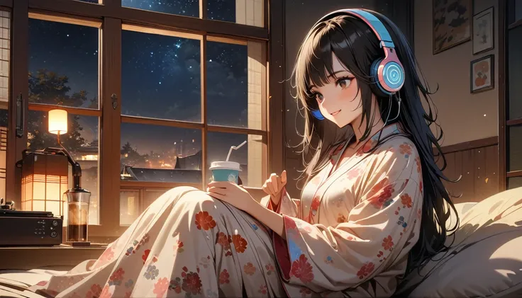 ((8k of extremely detailed CG unit, Masterpiece, high resolution, highest quality, highest quality real texture skin)), (((Japanese patterned pajamas))), (((Cute room))), (((Japanese style headphones))), (((iced coffee))), (((Smiling and listening to music...