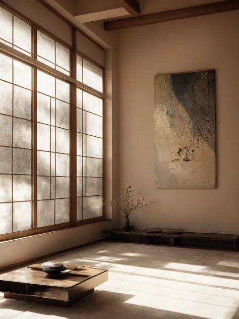 there is a room，there is a table and a window inside，there is a painting on it, hashiguchi goyo (goyō hashiguchi) of inspiration...