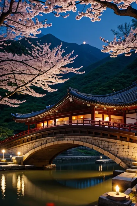 Old Korean bridge with candles and cherry trees 