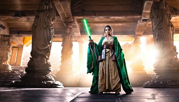 A Jedi acolyte standing in an ancient temple, com a luz do sol entrando pelas vitrais e iluminando seu rosto. She holds a green lightsaber in one hand and an ancient book in the other.. She is dressed in a simple brown robe and has her hair braided.. (Esti...