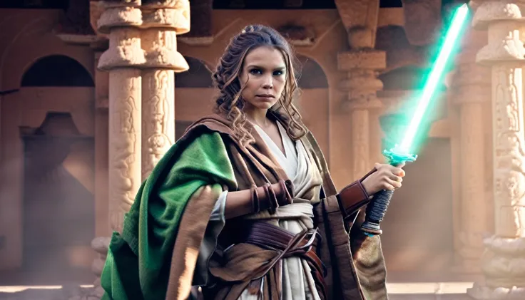 A Jedi acolyte standing in an ancient temple, com a luz do sol entrando pelas vitrais e iluminando seu rosto. She holds a green lightsaber in one hand and an ancient book in the other.. She is dressed in a simple brown robe and has her hair braided.. (Esti...