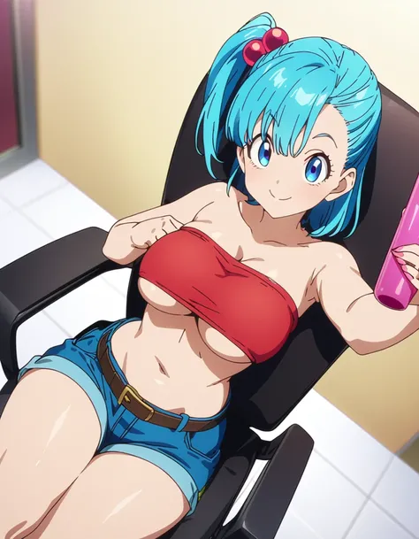 score_9, score_8_up, score_7_up, BREAK from above:1.5 ,,(girl sit on chair,on your back),(selfie),1girl,bulma, blue eyes, blue hair,bare shoulders, belt, cleavage, hair bobbles, hair ornament, hair over shoulder,large breast,midriff, navel, one side up, re...