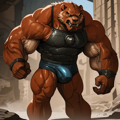 A huge muscular grizzly bear, Ben Grimm, the thing from fantastic four marvel comics, blue competitive briefs, furious growling expression, powerful stance, anthropomorphic, hyperrealistic, cinematic lighting, vibrant colors, detailed brown-orange rock fur...