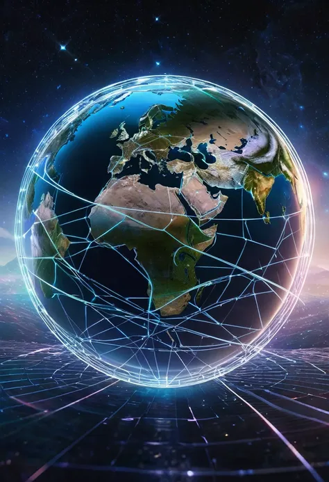 a digital illustration featuring earth viewed from space, transparant, enveloped by a network of interconnected lines forming a ...