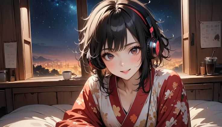 ((8k of extremely detailed CG unit, Masterpiece, high resolution, highest quality, highest quality real texture skin)), (((Japanese patterned pajamas))), (((Cute room))), (((Japanese style headphones))), (((iced coffee))), (((Smiling and listening to music...