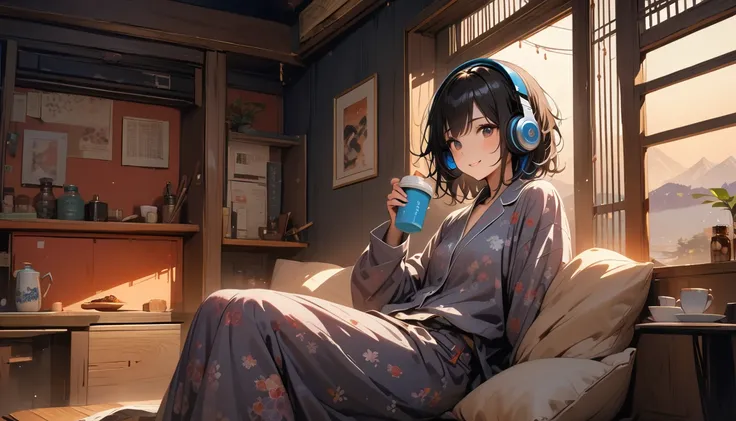 ((8k of extremely detailed CG unit, Masterpiece, high resolution, highest quality, highest quality real texture skin)), (((Japanese patterned pajamas))), (((Cute room))), (((Japanese style headphones))), (((iced coffee))), (((Smiling and listening to music...