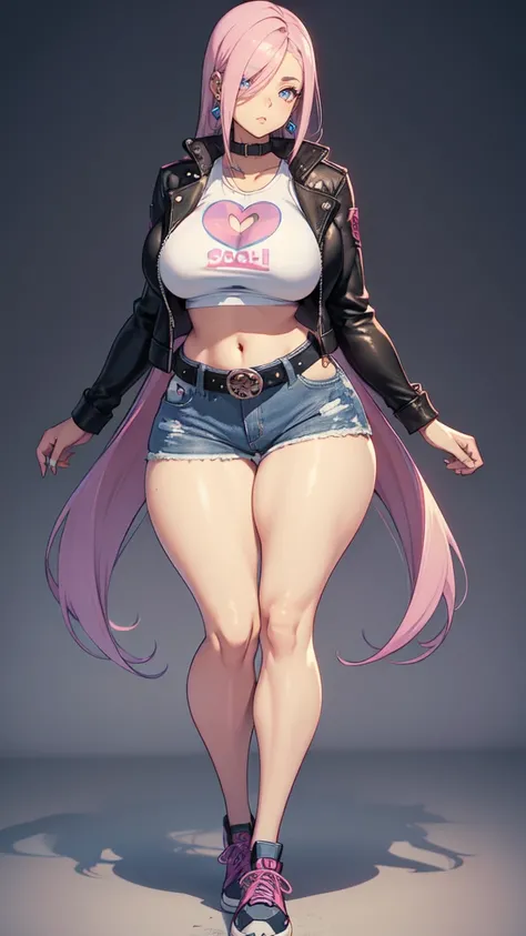 (blank background), (((full body framing))), standing, (masterpiece), (best quality), huge girl, (muscular girl:0.8), (thin hair:1.7), (long blue jeans), massive breast, hair over one eye:1.4, sport bra, fuchsia hair, belt under navel, sneakers, ((long leg...