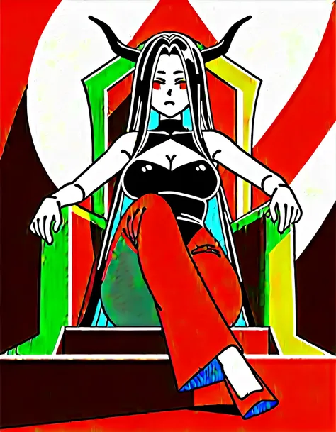 masterpiece, Score_9, Score_8_up, Score_7_up, front view, 1 woman, alone, black hair with red, long hair, parted bangs, dark red eyes, half-closed eyes, parted lips, expressionless, pale skin, large breasts, body suit, black bottom, best quality, horns up,...