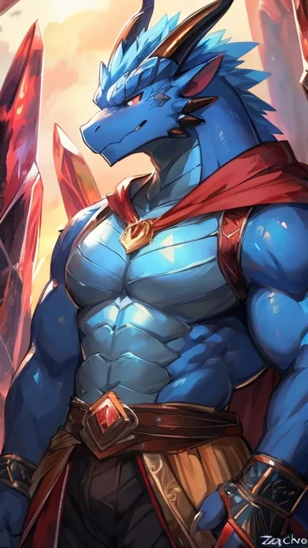 Male, anthro, muscle, Kemono, (dragon), blue body, sorcerer, bara, red sorcerer clothes, crystal in middle chest, half length portrait by kiyosan, zackary911.