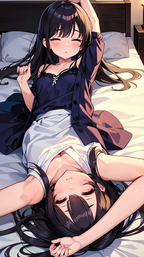 Young girl、younger sister、Deep sleep、On the bed、A man&#39;s hand is touching her crotch、Skirts roll up、A man&#39;s hand reaches for his crotch、Twin tails、One Woman、Low Angle、Proud face、ロリpanties、good、panties丸見え、Sleeping with legs spread、Beautiful woman、Acm...