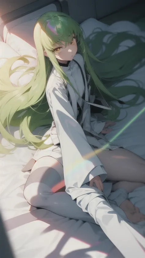 c.c., Expressionless, (Look at other people:1.1), (Lie in:1.2), On the floor, Focus Only, From above,
Long sleeve,  
Orange eyes, Green Hair, Very long hair, (White straitjacket:1.6), Black belt, 
mksks style, Beautiful background, (chromatic aberration,  ...