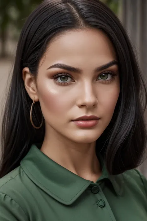 genera la imagen de una mujer joven con el rostro afilado, el cabello negro con reflejos naturales rojizos, ojos verde oscuro, cuerpo delgado, piel mate, pale and prominent cheekbones. wearing a 1950s outfit
