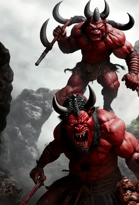 A realistic depiction of Oni in a cave near a village. The Oni is a giant with a terrifying appearance, red skin, horns, and a fierce expression. It is holding a large club and dressed in traditional Japanese clothing. The scene is dark and ominous, with s...