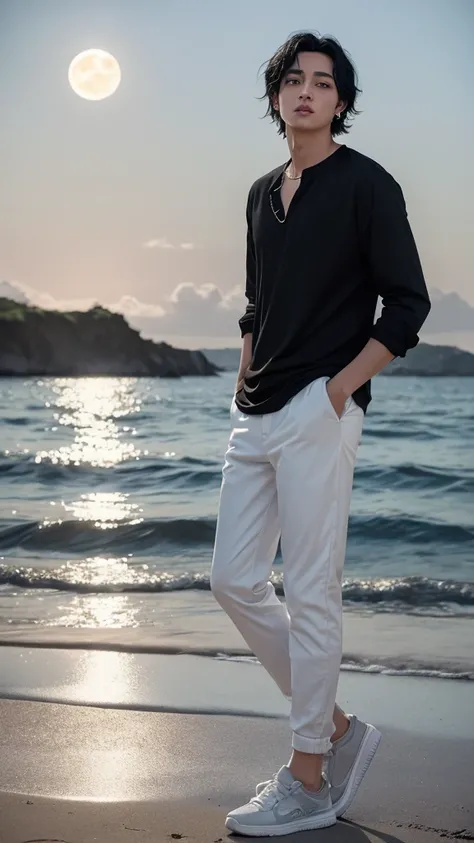 man with natural black hair, gray eyes, thin lips, small gold earrings, a black collarless shirt, white slim-fit pants, and sneakers. They are in a high-definition, fantastical love romance scene with natural light, a shining moon reflecting off the sea su...