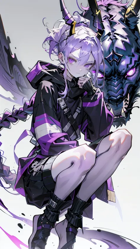 cheerful boy with open forehead. dark purple hair braided in a ponytail on the left side to one side. sinuous black horns wrapped in dark purple ribbon. pale violet eyes. in short dark purple shorts. long white T-shirt. dark purple knee-high socks. white l...