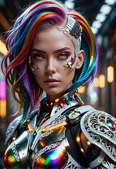 surreal photography of a stunning beautiful cyborg female, rainbow hair, huge breast, (beauty and detailed armor),  delicate white filigree, intricate filigree, glowing, highly detailed, intricate detailed, face symmetry, masterpiece, award_winning, sharp ...