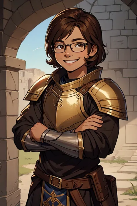 a brown hair nerd kid wearing knight armor, happy face, appeasing expression, 