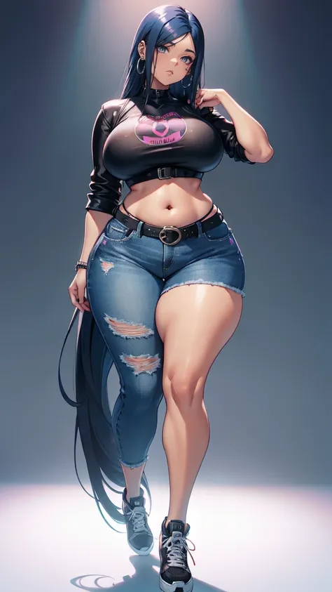 (blank background), (((full body framing))), standing, (masterpiece), (best quality), huge girl, (muscular girl:0.8), (thin hair:1.7), (long blue jeans), massive breast, hair over one eye:1.4, sport bra, fuchsia hair, belt under navel, sneakers, ((long leg...