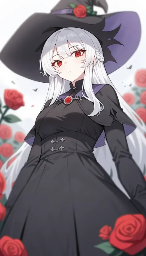 score_9, score_8_superior, score_7_superior, score_6_superior,Anime image of a cute witch wearing a witch hat and black costume, one witch, red eyes, solo, long hair, hat, looking at the viewer, flowers in the hat, white hair, upper body, dress, flowers, b...