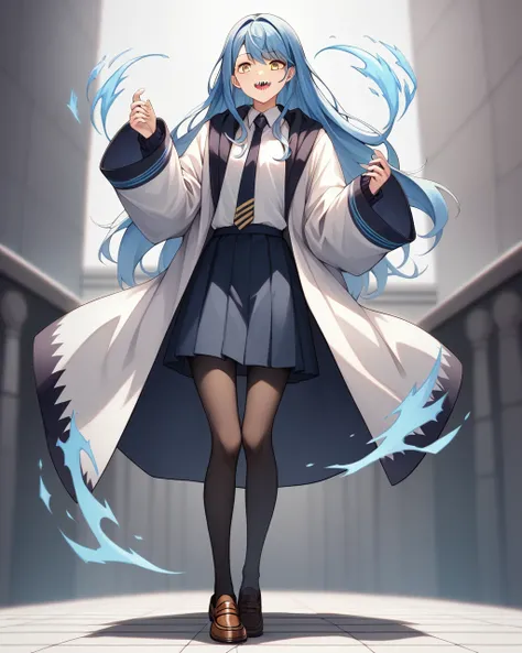 score_9, score_8_superior, score_7_superior,
 I love cute,One girl, alone, Navy Blue Hair, Long Hair,Jagged teeth、Beauty、 Yellow Eyes, skirt,Black Pantyhose,White shirt, Sleeves are longer than your fingers, loafers, Robe, Sleeves are longer than the wrist...