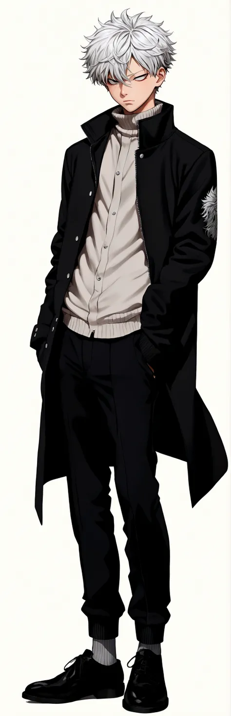 Jujutsu Kaisen,Satoru Gojo,solo, short hair, bangs, dim light background,, shirt, long sleeves, 1boy, white background, hair between eyes, closed mouth, standing, jacket, full body, opened eyes, white shirt, white hair, male focus, shoes, socks, pants, han...