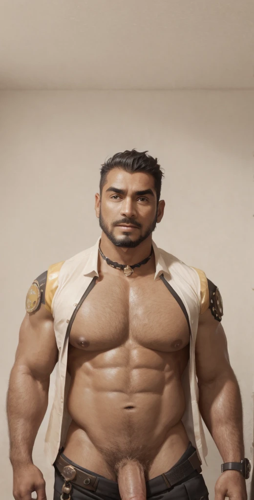 1boy, indian, solo, facial hair,84 yrs old, dom, male focus, flaccid penis, bald head, pectorals, bara, muscular, mature male, muscular male, abs, beard, ring nipples, chest harness, short hair, navel, stomach, large pectorals, thick eyebrows, bare pectora...